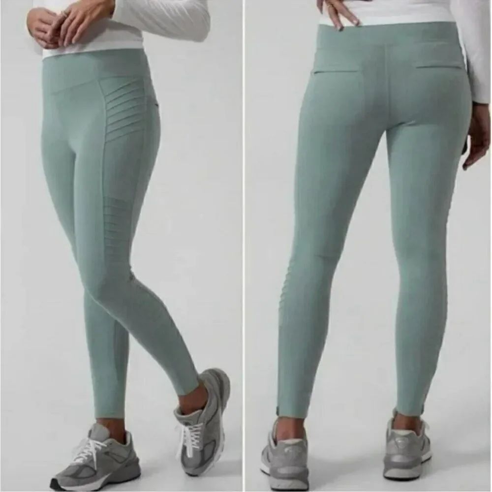 Athleta Delancey Moto Tight Legging Green Zip Pockets High Rise Travel SP Petite
